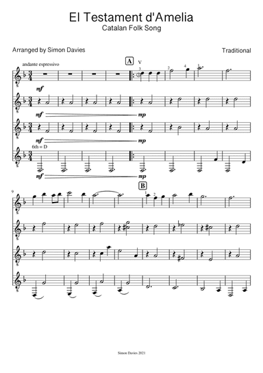 El Testament d'Amelia (for Guitar Ensemble) (arr. Simon Davies)