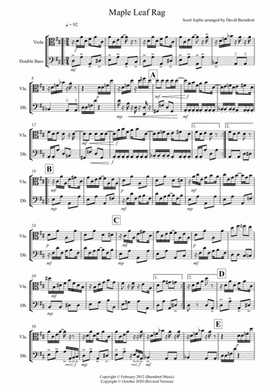 Maple Leaf Rag for Viola and Double Bass Duet (arr. David Burndrett)