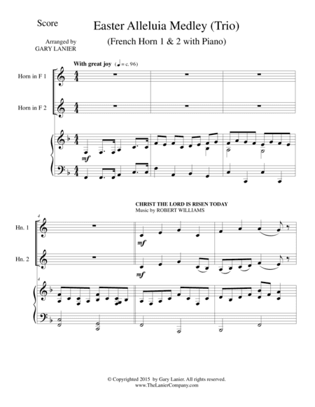 EASTER ALLELUIA MEDLEY (Trio – French Horn 1 & 2 with Piano) Score and Parts (arr. Gary Lanier)