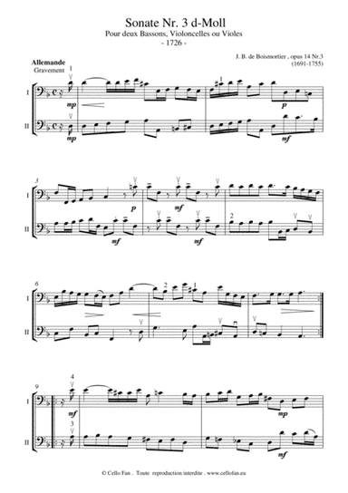 Boismortier Sonate Nr. 3 D minor opus 14 Rococo for 2 cellos (arr. Cello Fan)
