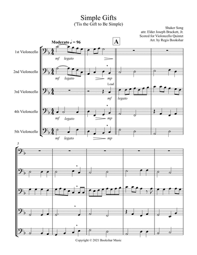 Simple Gifts ('Tis the Gift to Be Simple) (F) (Violoncello Quintet) (arr. Regis Bookshar)
