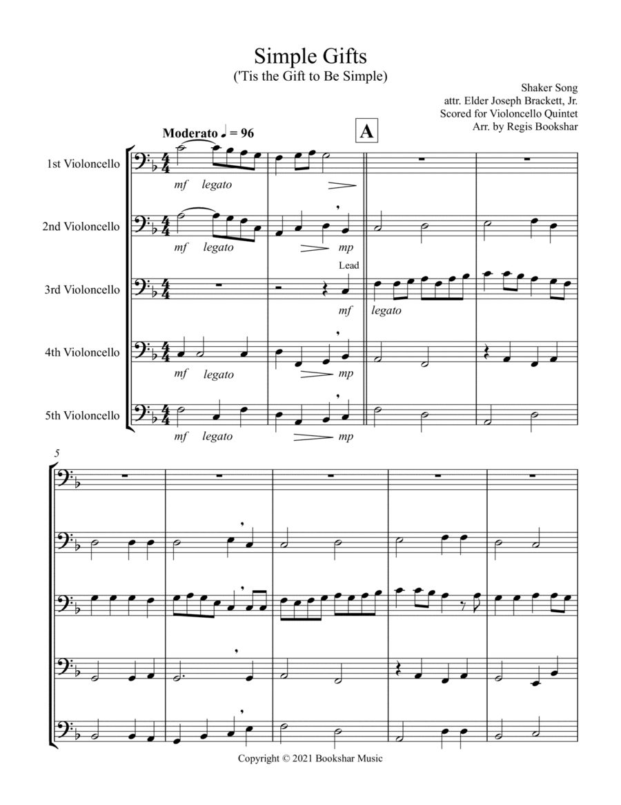 Simple Gifts ('Tis the Gift to Be Simple) (F) (Violoncello Quintet) (arr. Regis Bookshar)