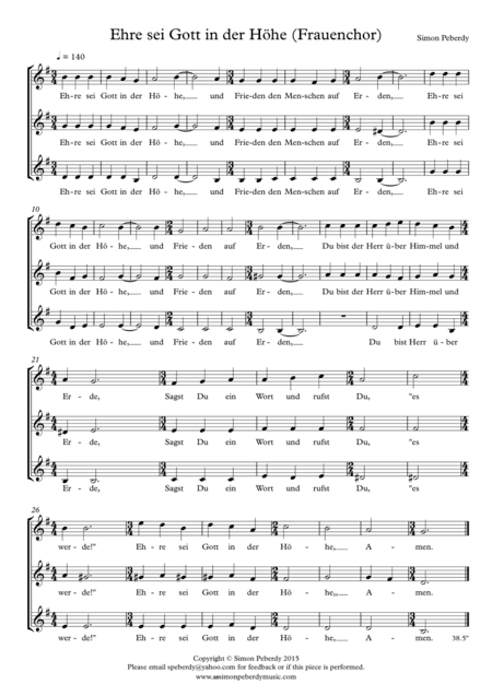 Gloria in G in German (Ehre sei Gott in der Höhe) for  womens' voices (SAA choir) by Simon Peberdy