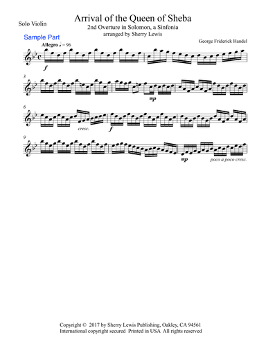 ARRIVAL OF THE QUEEN O SHEBA Violin Solo, Intermediate Level (arr. Sherry Lewis)