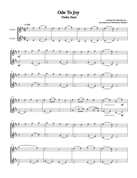Beethoven's Ode To Joy Violin Duet (arr. Abraham Maduro)
