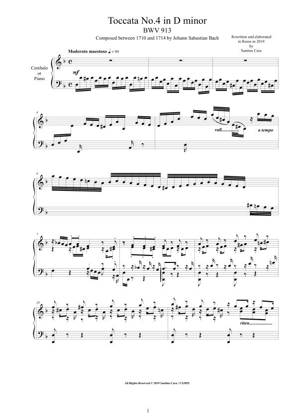 Bach - Toccata No.4 in D minor BWV 913 for Harpsichord or Piano - Complete score (arr. Santino Cara)