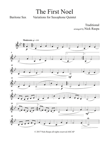 The First Noel - Variations for Sax Quintet (SAATB) Baritone Sax part (arr. Nick Raspa)