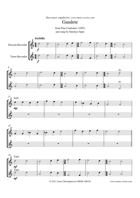 Gaudete - Duet for Descant and Tenor Recorder (arr. Anne L Christopherson GRSM ARCM)