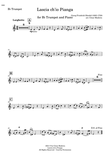 Lascia Ch'io Pianga - Bb Trumpet and Piano (Individual Parts) (arr. César Madeira)