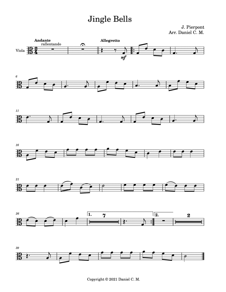 Jingle Bells for viola and piano (easy) (arr. Daniel C. M.)