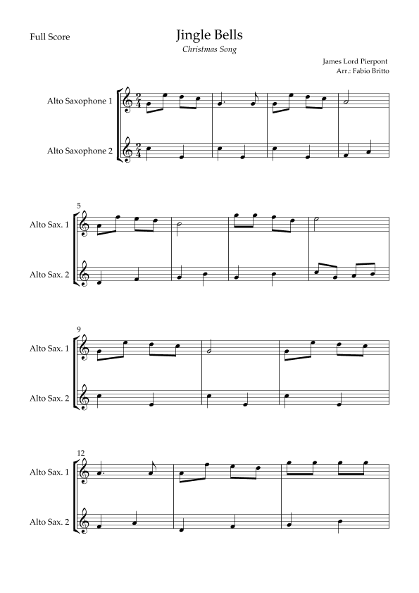 Jingle Bells (Christmas Song) for Alto Saxophone Duo (arr. Fabio Britto)