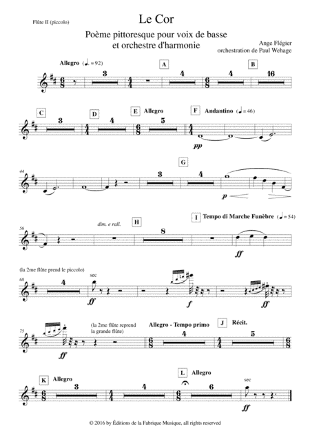 Ange Flégier: Le Cor for bass voice and concert band,flute II (piccolo) part (arr. Paul Wehage)