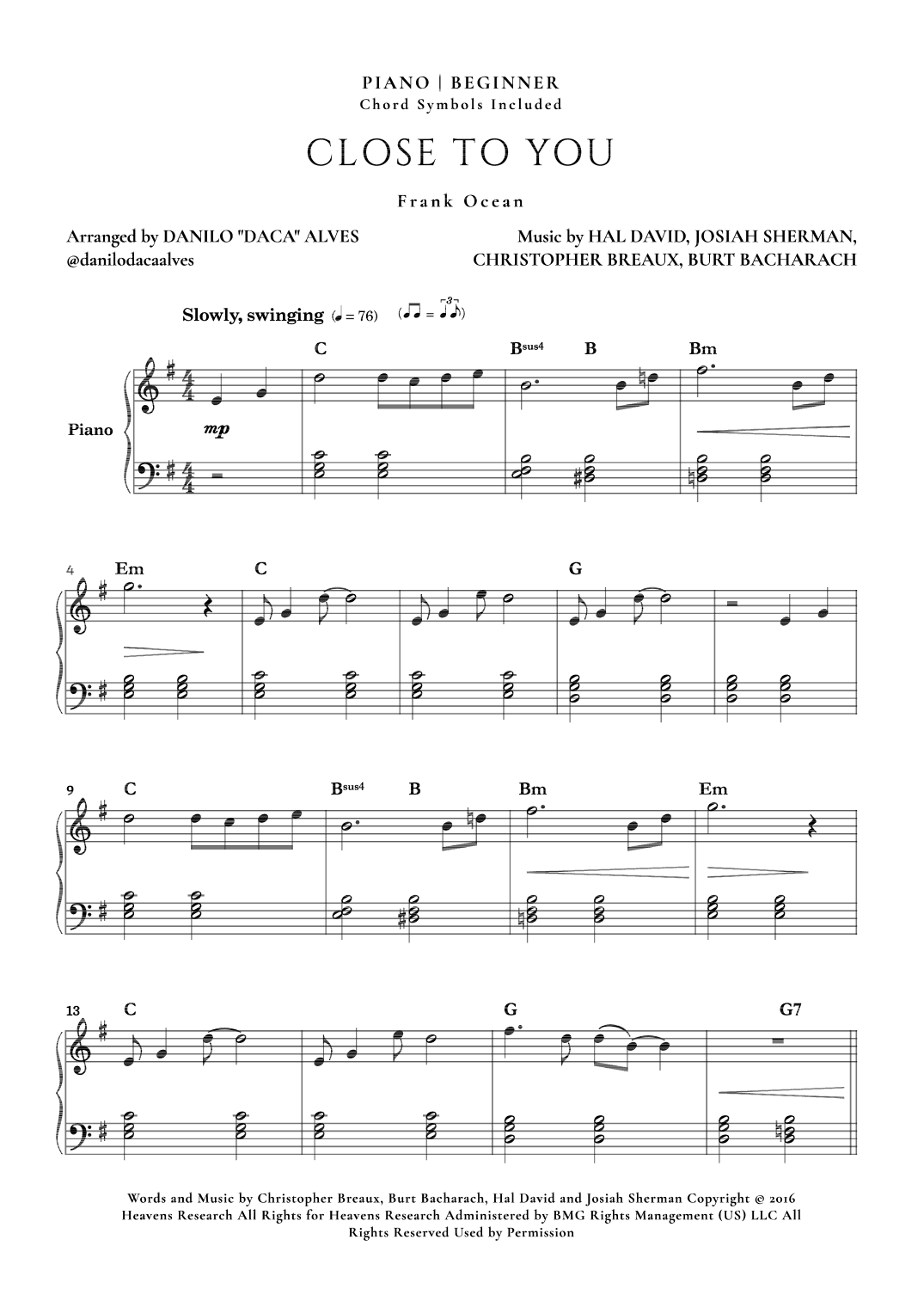 Close To You (arr. Danilo "Daca" Alves)