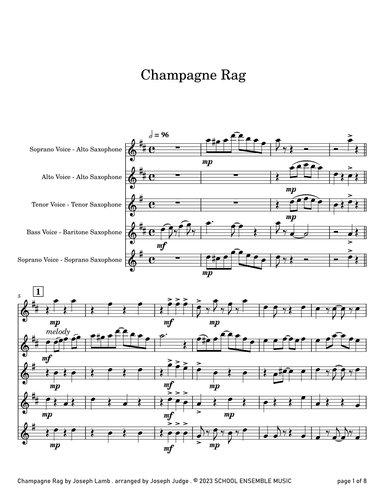 Champagne Rag by Joseph Lamb for Saxophone Quartet in Schools (arr. Joseph Judge)