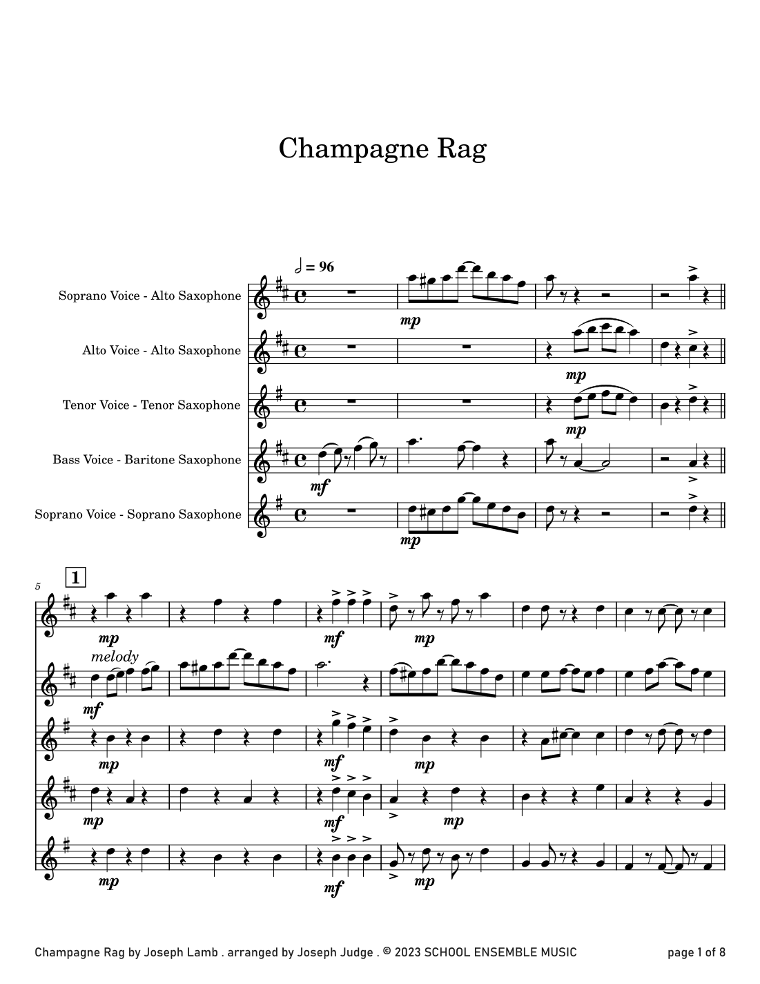 Champagne Rag by Joseph Lamb for Saxophone Quartet in Schools (arr. Joseph Judge)