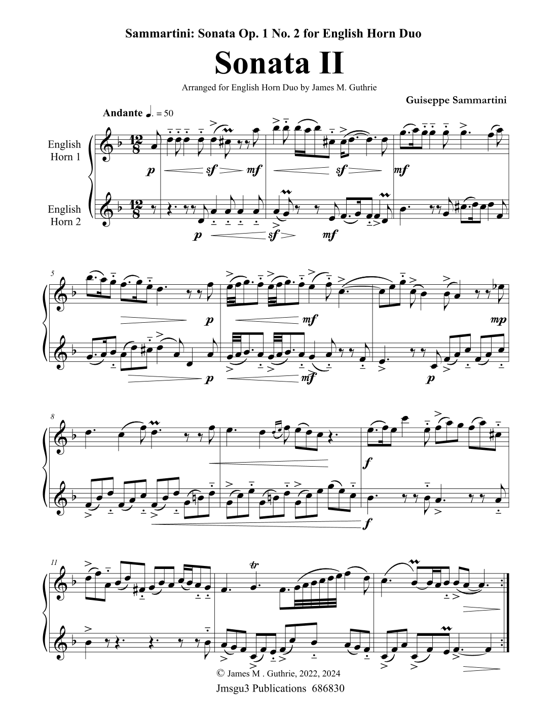 Sammartini: Sonata Op. 1 No. 2 for English Horn Duo (arr. James M. Guthrie)