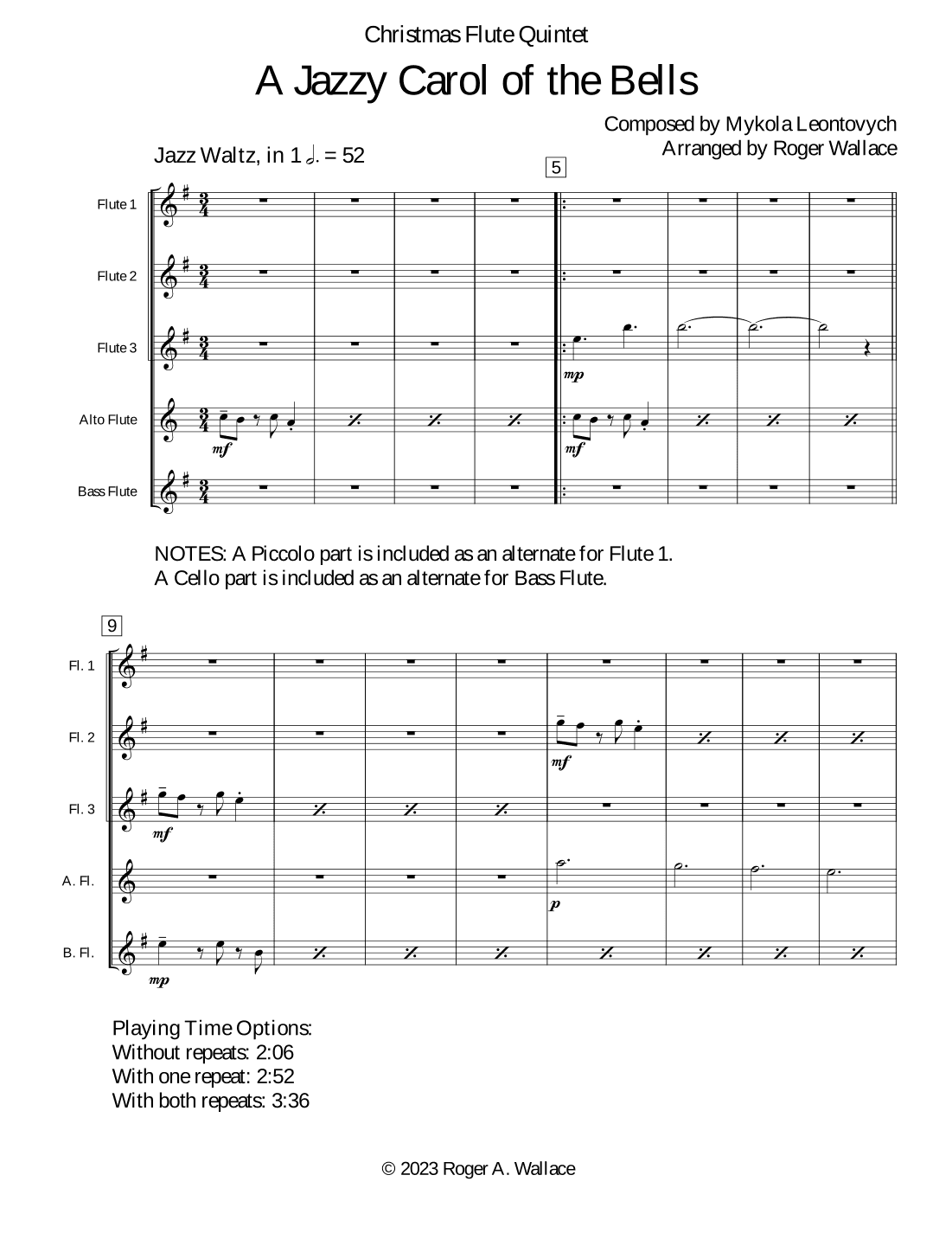 Carol of the Bells (Jazz Waltz for Flute Quintet) (arr. Roger Wallace)