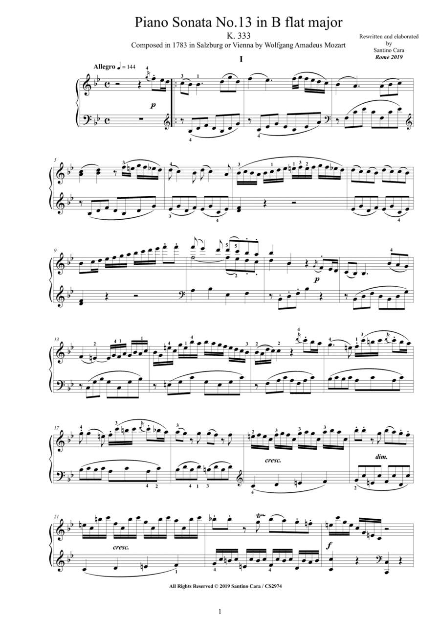 Mozart - Piano Sonata No.13 in B flat major K 333 - Complete score (arr. Santino Cara)