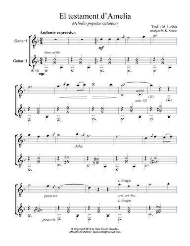 El Testament d'Amelia for guitar duo (arr. K. Krantz)
