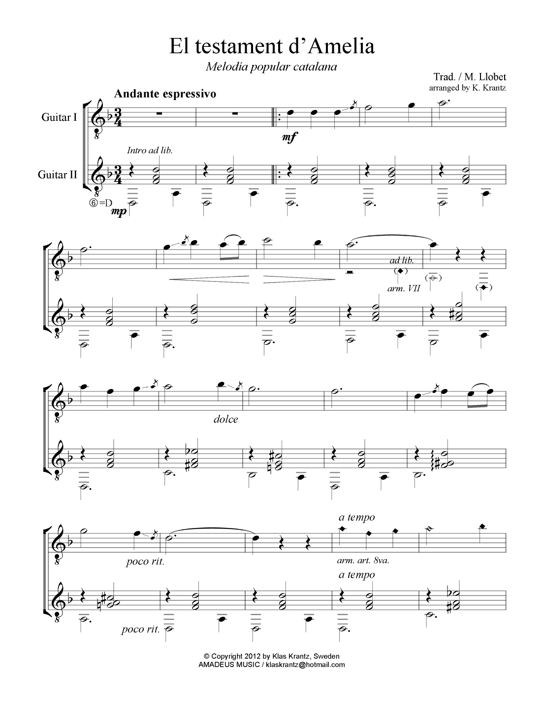 El Testament d'Amelia for guitar duo (arr. K. Krantz)