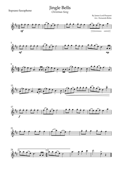 Jingle Bells (Christmas Song) for Soprano Saxophone Solo (arr. Fernando Britto)