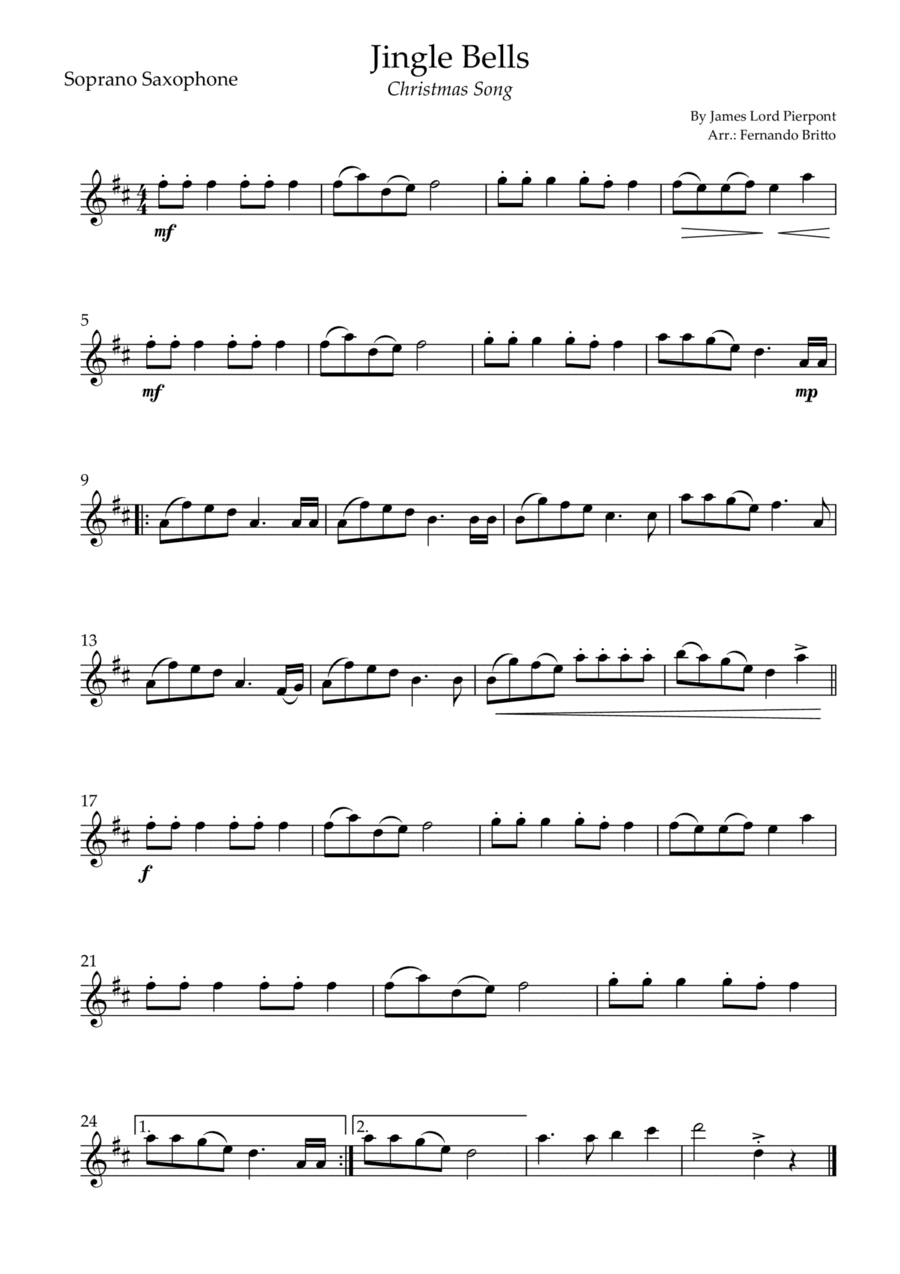 Jingle Bells (Christmas Song) for Soprano Saxophone Solo (arr. Fernando Britto)