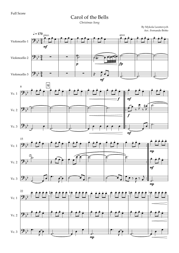 Carol of The Bells - Jazz Version (Christmas Song) for Cello Trio (arr. Fabio Britto)
