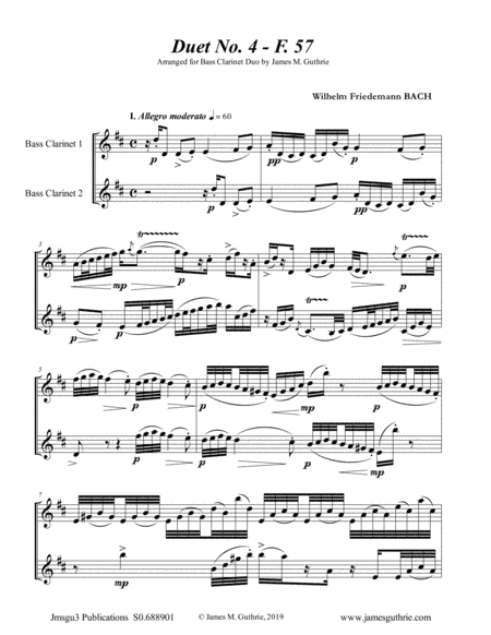 WF Bach: Duet No. 4 for Bass Clarinet Duo (arr. James M. Guthrie, ASCAP)