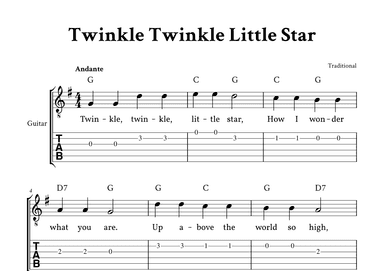 Twinkle Twinkle Little Star - (G Major - with TAB, Lyrics, Chords) (arr. Yuri Noronha)