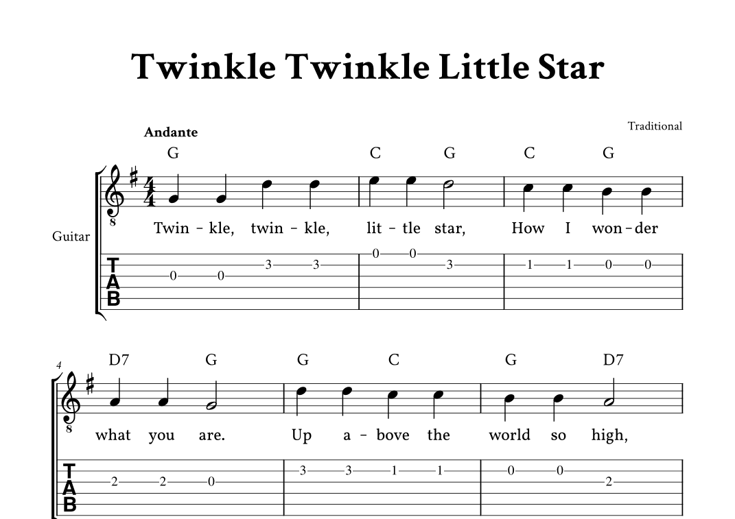 Twinkle Twinkle Little Star - (G Major - with TAB, Lyrics, Chords) (arr. Yuri Noronha)