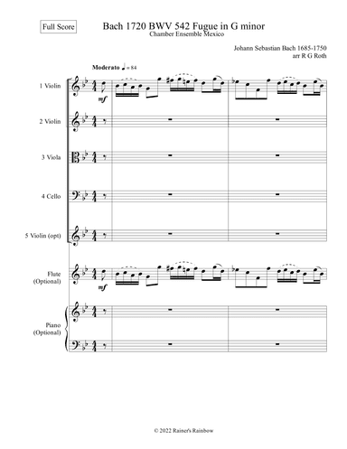 Bach 1720 BWV 542 Fugue in Gm Chamber Orchestra Score and Parts (arr. R G Roth)