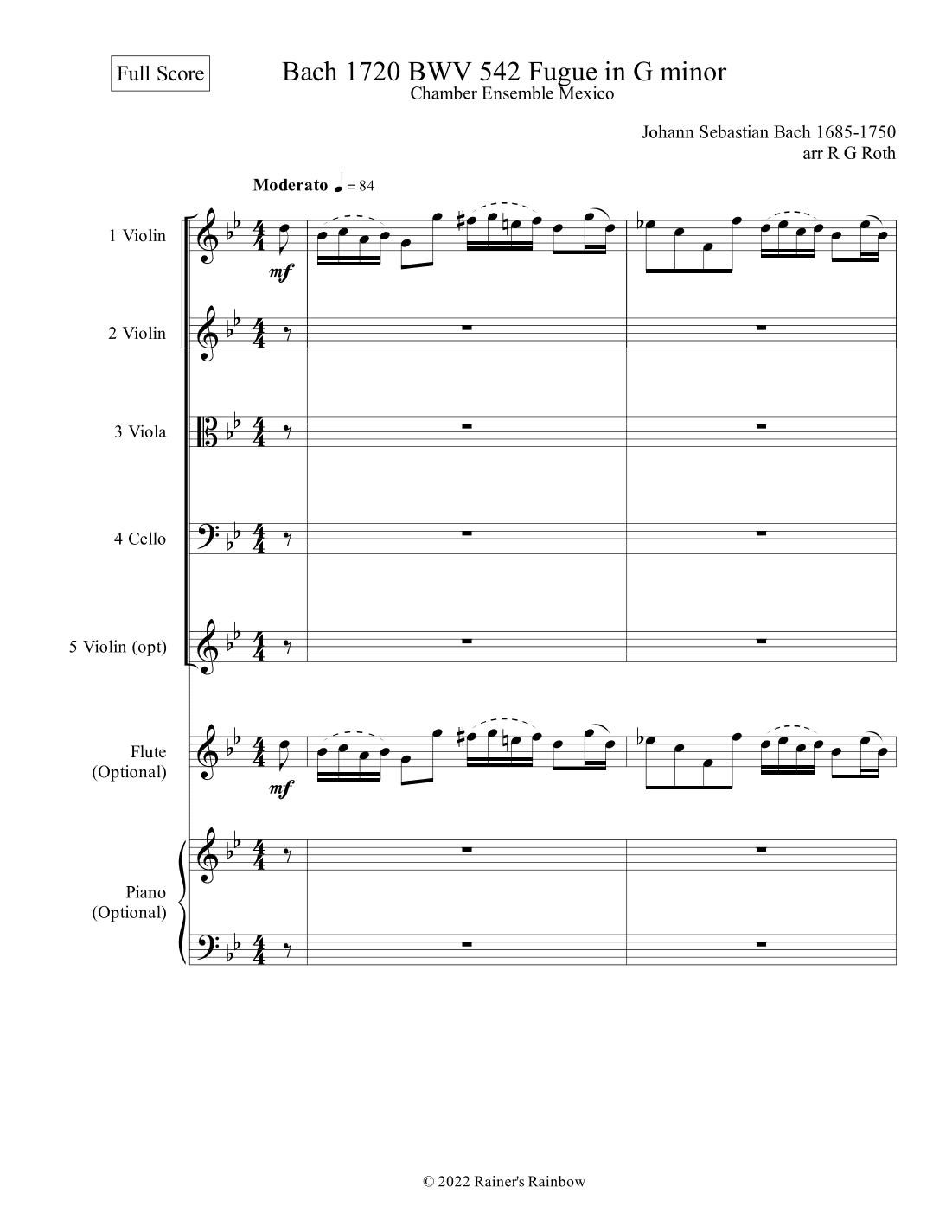 Bach 1720 BWV 542 Fugue in Gm Chamber Orchestra Score and Parts (arr. R G Roth)