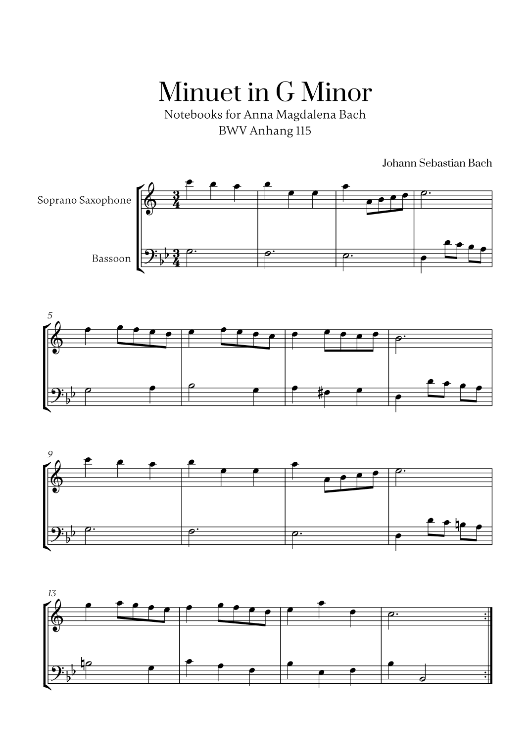 J. S. Bach - Minuet in G Minor for Soprano Saxophone and Bassoon (arr. Cadenza Editions)