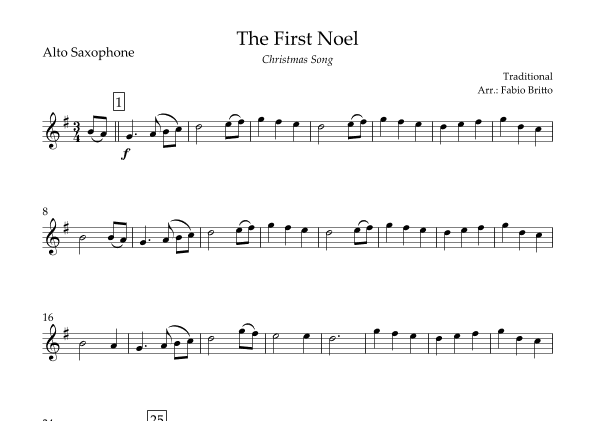 The First Noel (Christmas Song) for Alto Saxophone Solo (arr. Fabio Britto)