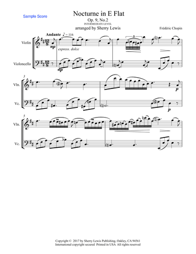 NOCTURNE Op.9 No.2 String Duo Intermediate Level for violin and cello (arr. Sherry Lewis)