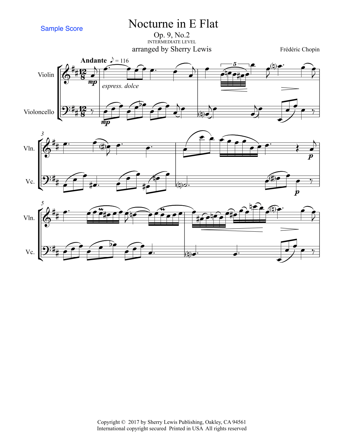 NOCTURNE Op.9 No.2 String Duo Intermediate Level for violin and cello (arr. Sherry Lewis)