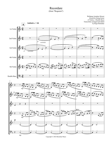 Recordare (from "Requiem") (F) (String Sextet - 5 Violins, 1 Bass) (arr. Regis Bookshar)