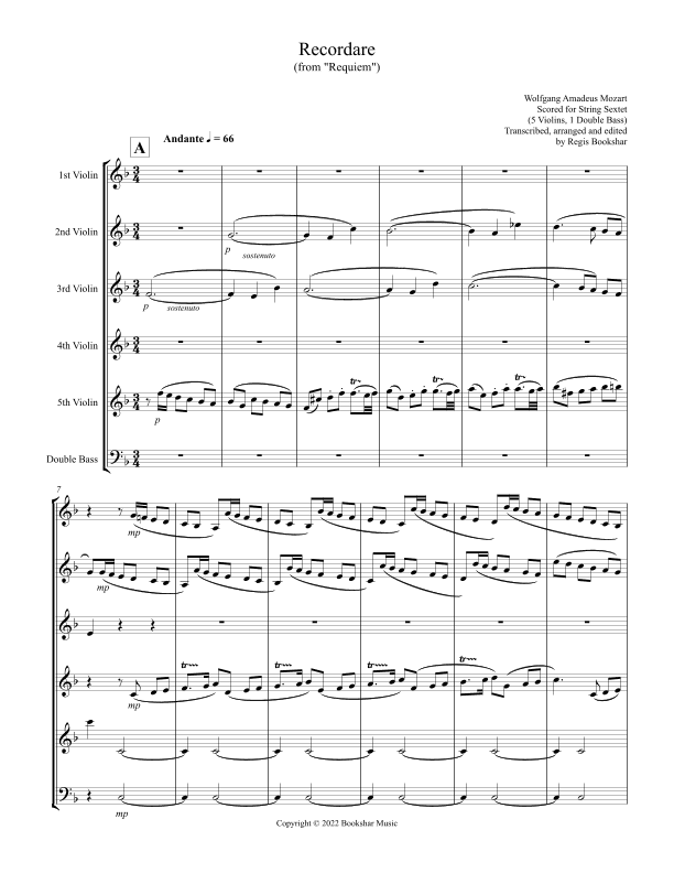 Recordare (from "Requiem") (F) (String Sextet - 5 Violins, 1 Bass) (arr. Regis Bookshar)