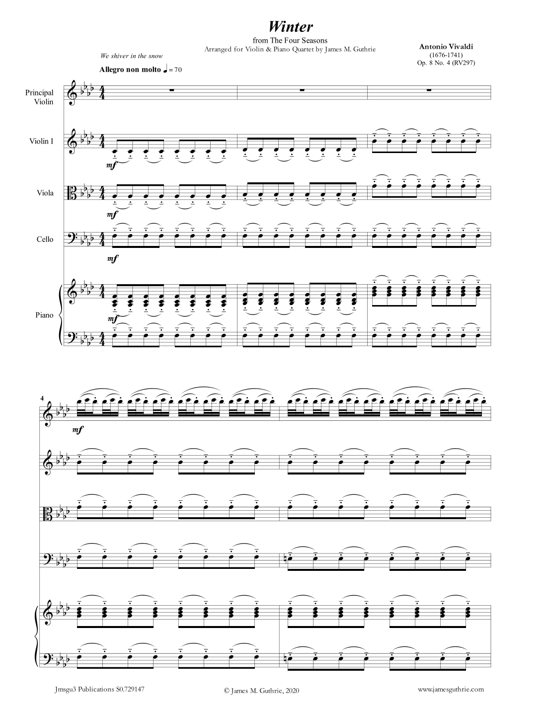 Vivaldi: Winter from the Four Seasons for Violin & Piano Quartet (arr. James Guthrie, ASCAP)