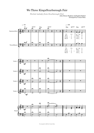 We Three Kings/Scarborough Fair combo SATB duet violin quartet and piano (arr. Connie Boss)