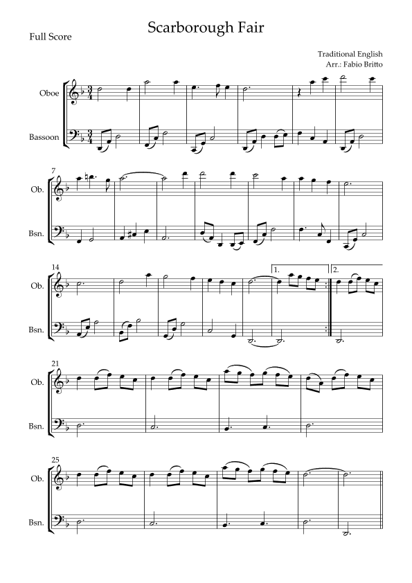 Scarborough Fair for Oboe & Bassoon Duo (arr. Fabio Britto)