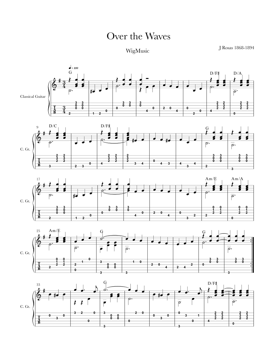 Over The Waves - Classical Guitar (arr. Ron k Wiggins)