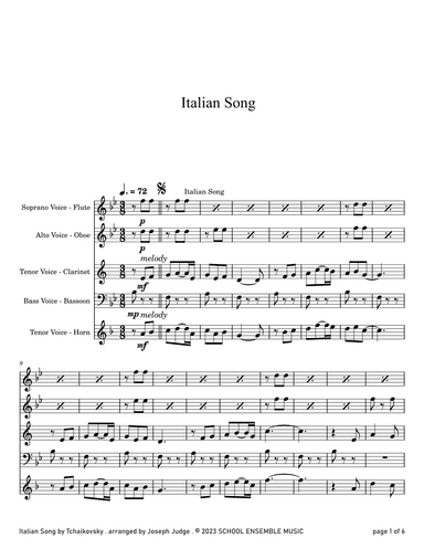Italian Song by Tchaikovsky for Woodwind Quartet in Schools (arr. Joseph Judge)