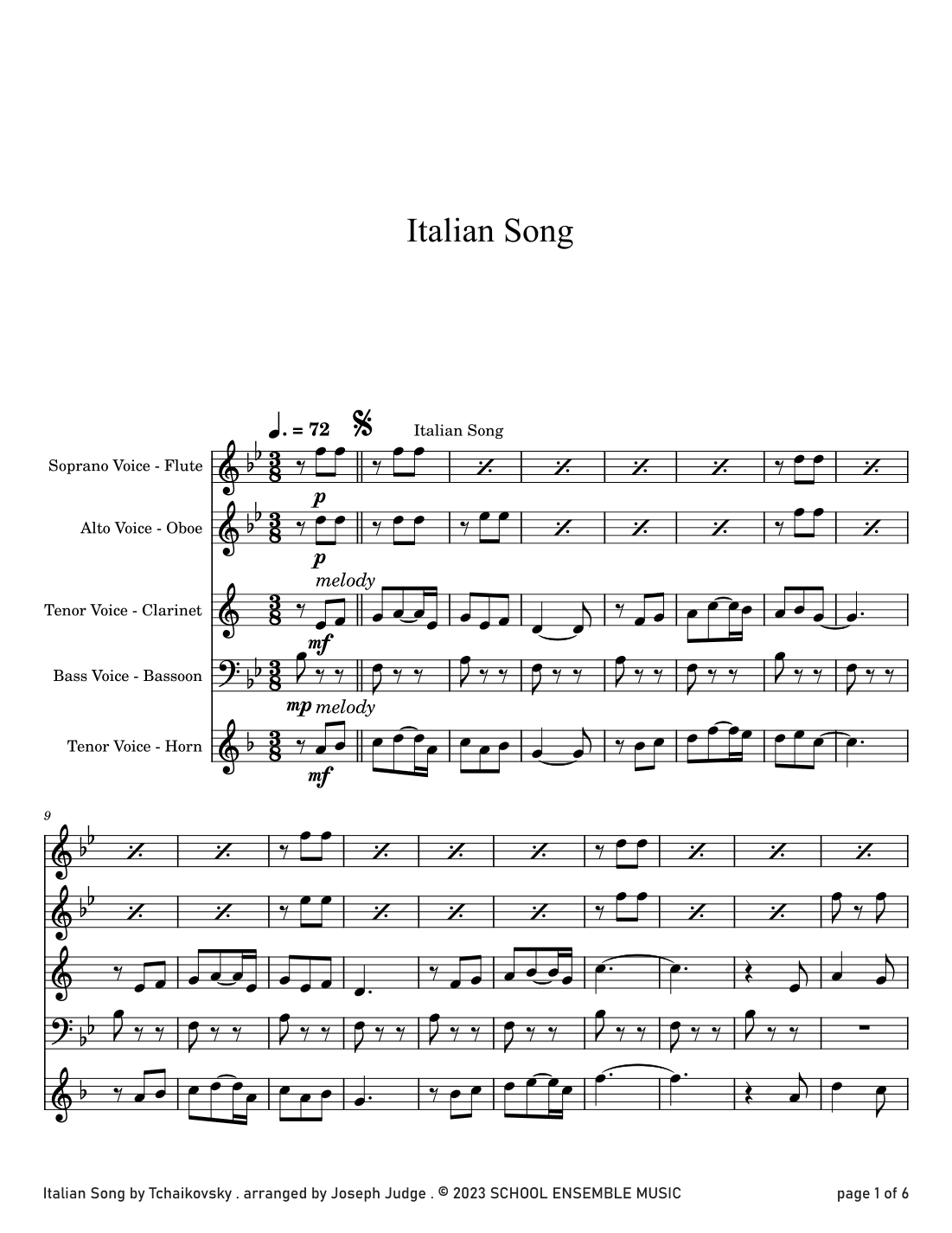 Italian Song by Tchaikovsky for Woodwind Quartet in Schools (arr. Joseph Judge)