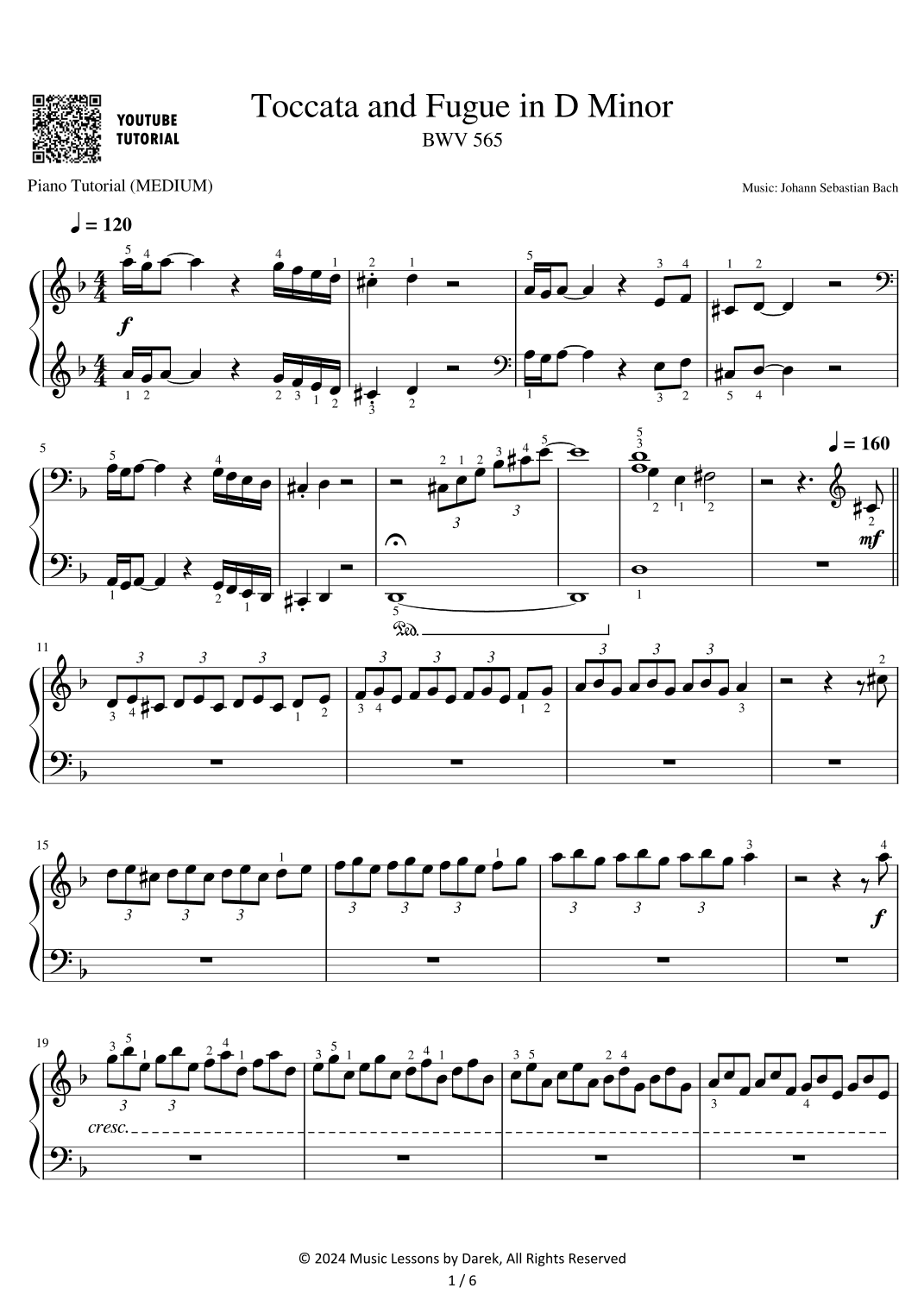 Toccata and Fugue in D Minor (BWV 565) (MEDIUM PIANO) [Johann Sebastian Bach] (arr. Darek)