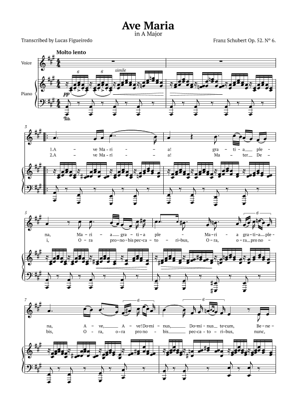 Ave Maria (Schubert) in A Major for Piano and Voice (Lyrics in Latin) (arr. Lucas Figueiredo)