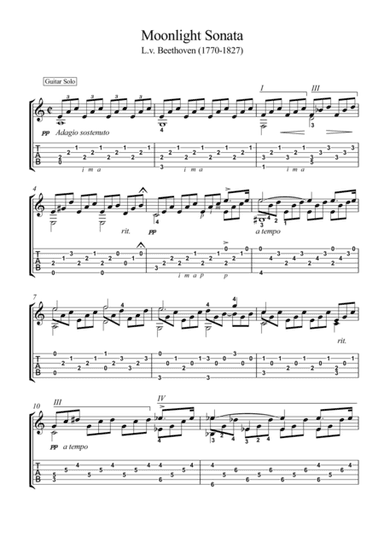 Moonlight Sonata  classical guitar solo with tablature (arr. PianoSheetNow)