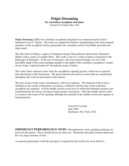 Carso Cooman: Polpis Dreaming (2002) for Eb contrabass saxophone and piano