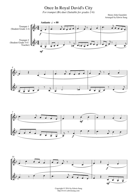 Once In Royal David’s City (for trumpet (Bb) duet, suitable for grades 2-6) (arr. Edwin Sung)