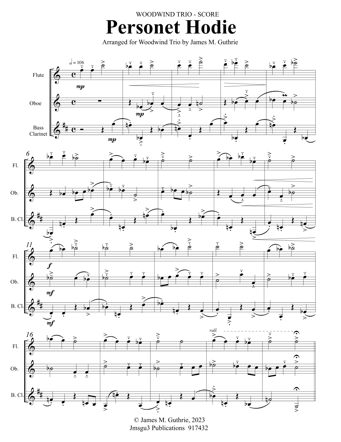 Personet Hodie for Woodwind Trio (arr. James M. Guthrie)